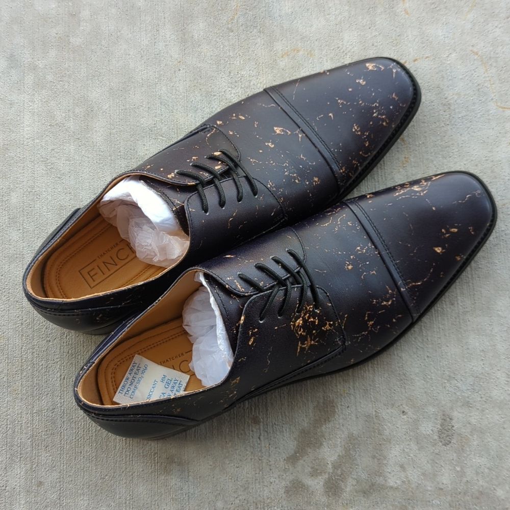 Thatcher Finch Men's Black Gold Flecked Luxury Formal Dress Shoes Size 7